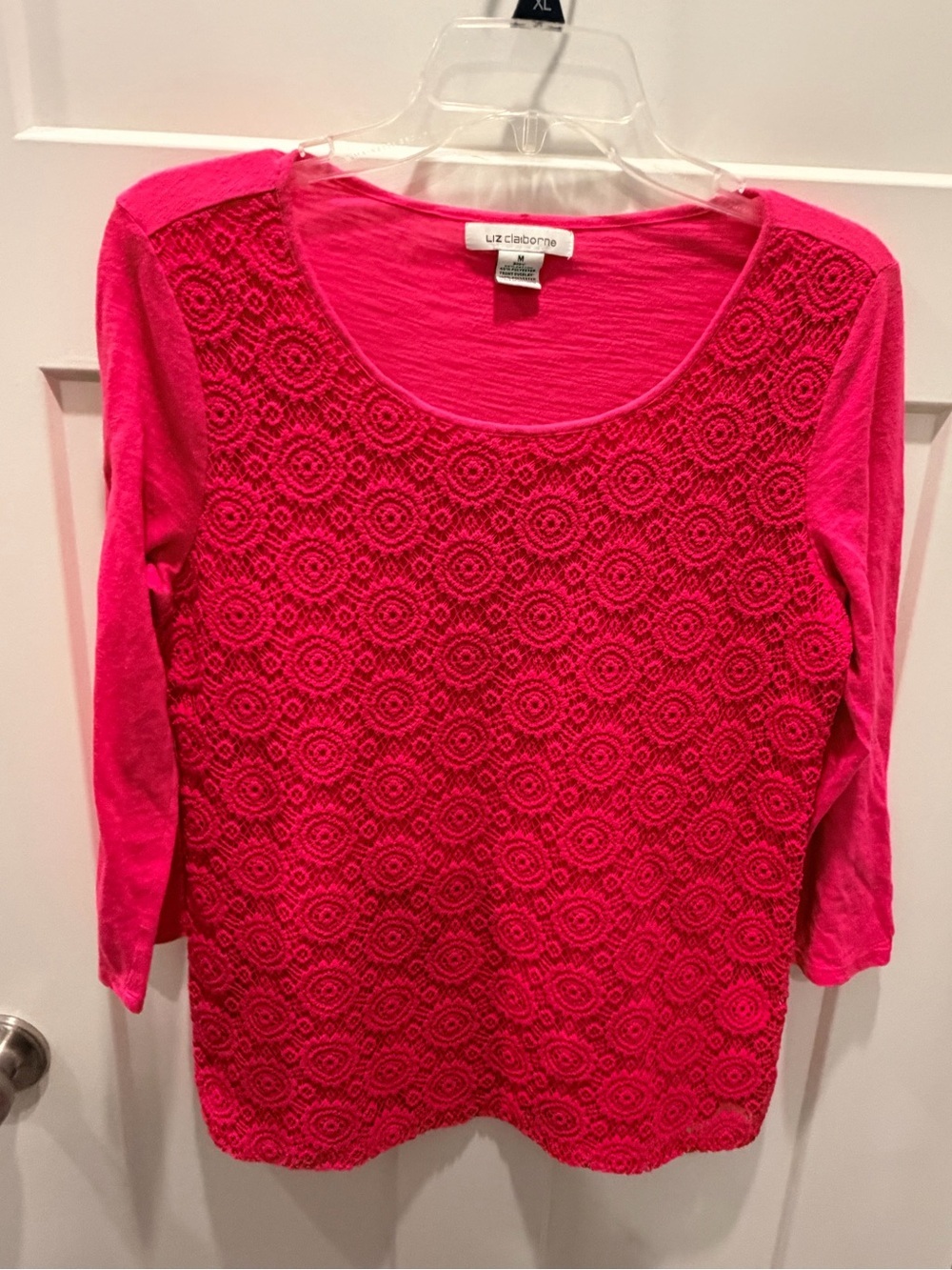 Liz Claiborne Hot Pink Floral Lace Front 3/4 Sleeve Top Medium